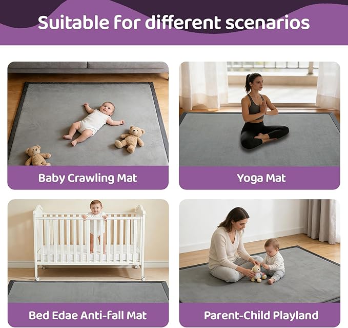 Baby Play Mat for Floor, 1.3 Inch Thick Memory Foam Tummy Time Mat with Non Slip Backing, Soft Coral Velvet 71X79 Inch Playpen Mat Crawling Tatami for Infants Toddlers Kids, Dark Gray