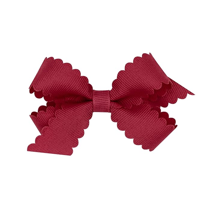 Wee Ones Girls' Classic Grosgrain Hair Bow with Scalloped Edges, No-Slip Hair Clip, Handmade, Cranberry, Mini