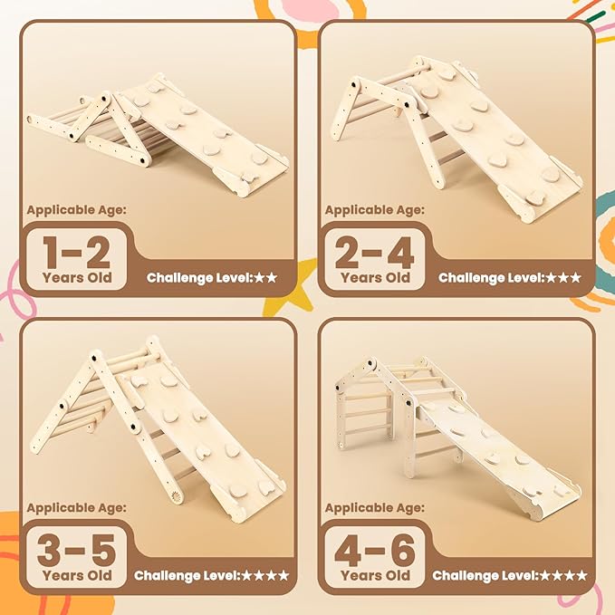 Deformable Pikler Triangle Set with Sliding Ramp & Climbing Arch Ramp, Wooden Toddler Climbing Toys Indoor, Playground Jungle Gym for Kids, Montessori Climbing Set for Toddlers
