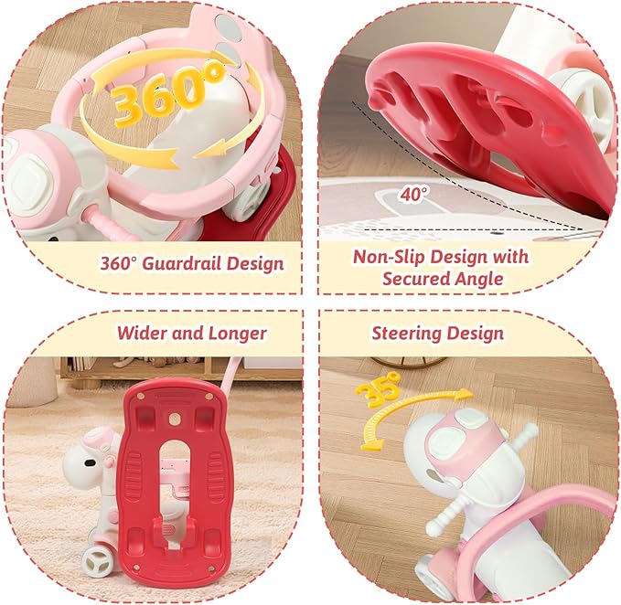 4 in 1 Rocking Horse for Toddlers 1-3 Years Old, Baby Rocking Toy Fun Birthday Gift for 1+ Kids, Ride on Toy with Guard Rails, Detachable Balance Board and Footrest with Push Handle (Pink)