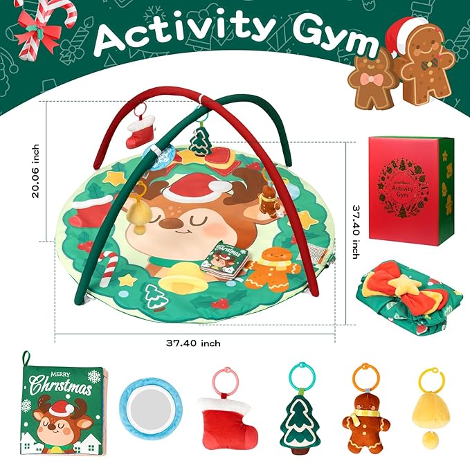 Christmas Baby Play Gym Mat, Softer Tummy Time Mat with 6 Detachable Toys for Sensory & Motor Skill Development, Activity Mat for Newborn Essentials Shower Gift, Oeko-TEX Certified