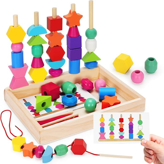 TooyBing Montessori Wooden Lacing Beads Toys for 3 4 Year Old Toddler Kids, Sequencing & Stacking Block Toy with Storage Box, STEM Preschool Learning Toys, Christmas Birthday Gifts for Boys Girls