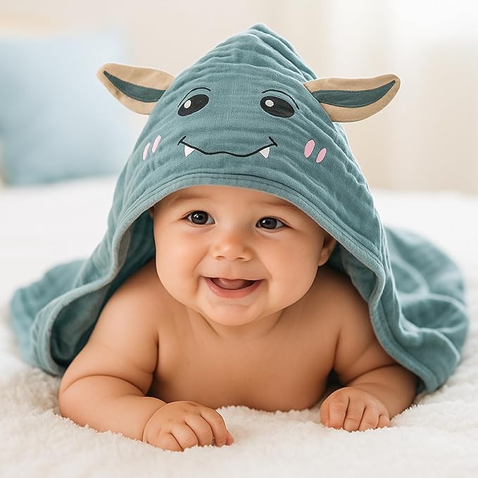 Chungie Soft Muslin Hooded Baby Towels 32x32 inches – 100% Cotton, 6-Layer Breathable Newborn Bath Towels with Hood, Pack of 2 (Printed + Embroidered)