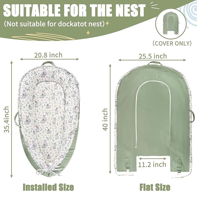 Baby Lounger Cover for Boys Girls, Reversible Baby Nest Cover, Adjustable Baby Lounger Replaceable Cover for Infant Newborn, Portable and Machine Washable, Cotton Green Rabbit Cover