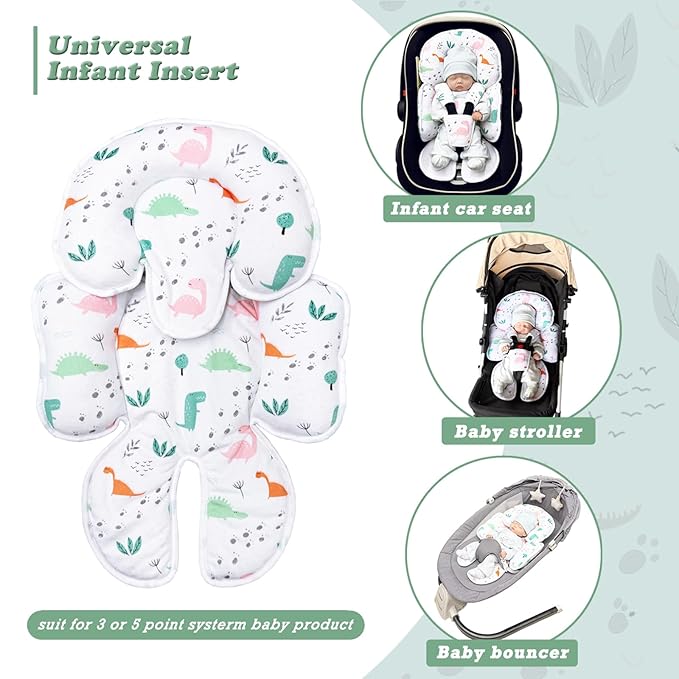 Infant Car Seat Insert, Soft Baby Car Seat Head Neck Pillow, Reversible Newborn Carseat Insert with Strap Covers, Universal Seat Pad for Carseats, Stroller, Swings, Bouncer, Dinosaurs
