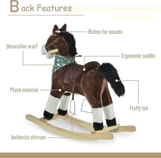 Qaba Kids Plush Ride-On Rocking Horse Toy Cowboy Rocker with Fun Realistic Sounds for Child 3-6 Years Old, Brown