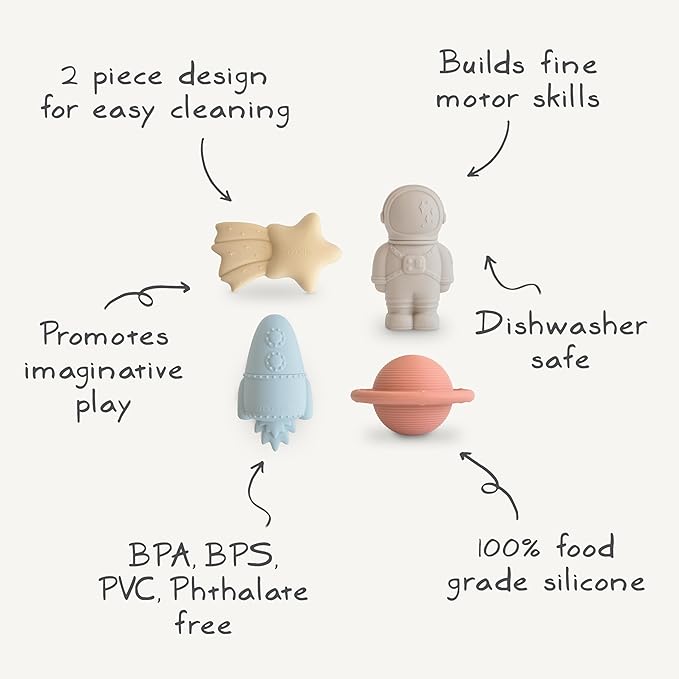 mushie Space Bath Toys Play Set for Toddlers | 100% Food Grade Silicone | Mold Free, Pack of 4