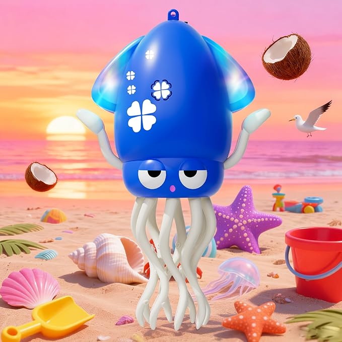 Interactive Dancing Octopus Toy,LED Light-Up Music Crawling Squid with Smart Obstacle Avoidance & Fishing Rod,Tummy Time Baby Toy (Blue)