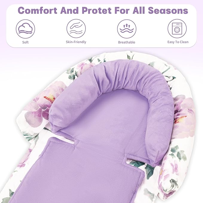 Infant Car Seat Insert, Baby Car Seat Head & Body Support with Strap Pads, Soft Newborn Preemie Carseat Insert Cushion for Girls Boys, Fits Carseat, Stroller, Swing, Bouncer, Purple Floral