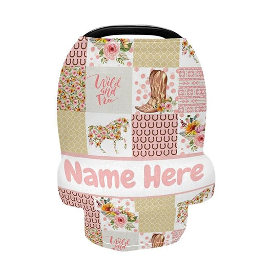 Personalized Floral Horse Baby Car Seat Cover for Babies with Name, Custom Rose Pink Baby Car Seats Canopy for Girls, Nursing Breastfeeding Stroller Covers Infant Car Seat Blanket for Newborn