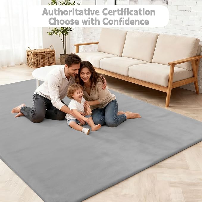 Velvet Baby Play Mat for Floor, 1.3" Thick Elasti-Foam 50"×50" Playpen Mat with Removable & Washable Velvet Cover for Toddler, Infant,Kids, Non-Slip Crawling Mat for Tummy Time (Grey)