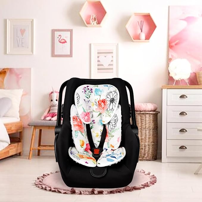 Infant Car Seat Insert, 2 in 1 Baby Head and Body Support for Car Seat, Soft Plush Newborn Carseat Cushion for Stroller Bouncer, White Floral