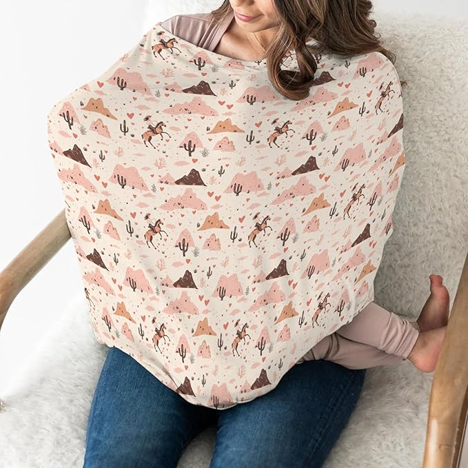 Pink Western Cowgirl Love Baby Car Seat Covers Retro Cowgirl Cactus Horse Stretchy 5-in-1 Cover Adjustable Infant Carseat Canopy Cover Wild Desert Country Breathable Nursing Cover-Up