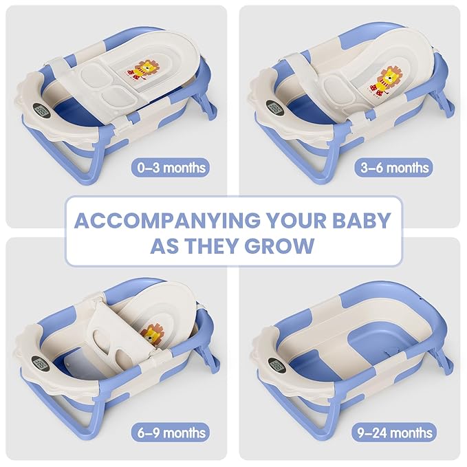 TPN 4-in-1 Grow-with-Me Collapsible Baby Bathtub, Baby Tub for Newborns to Toddler with Soft Floating Cushion & Thermometer, Portable Baby Bath Tub, Infant Bathtub for Bath Support in Tub,Blue