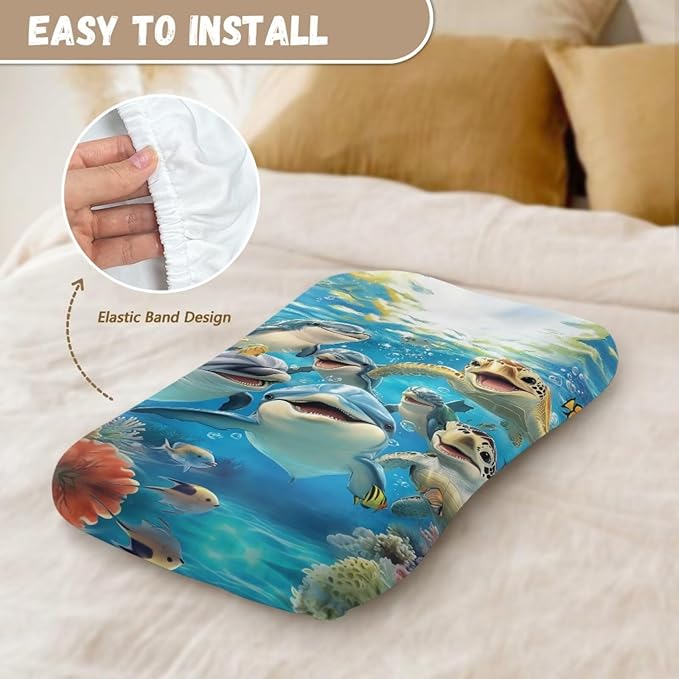 Dolphin Baby Lounger Cover for Boys, Sea Turtle Newborn Lounger Covers, Ocean Animals Removable Nest Slipcover, 31.5'' x 21.3''