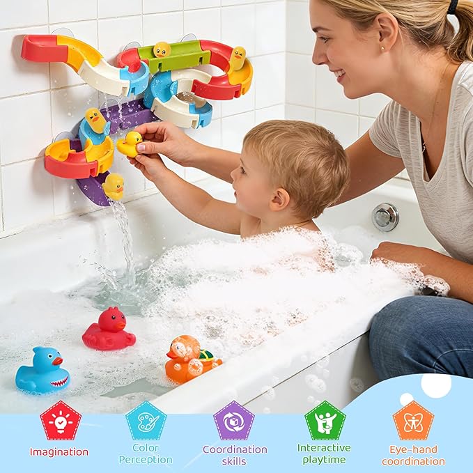 Bath Toys Toddlers（37PCS） Duck Slide Bath Toy Track with 3 Rotating Suction Cups Toys,Bath Toys for Kids Ages 4-8 , DIY Bathtub Time Birthday Gifts for Toddler Kids 3+ Years Old