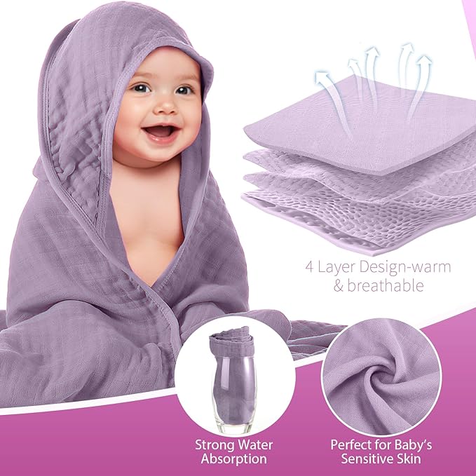 Preboun 4 Pcs Muslin Hooded Baby Towels,32"x 32" Cotton Newborn Bath Towel Muslin Infant Baby Blankets Absorbent Unisex Newborn Registry Gift for Girls Boys(Purple Series)