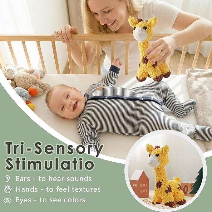 Crochet Sensory Rattle for Baby Early Development - Amigurumi Grip Toy - Soft Cotton Texture Shaker for Fine Motor Skills & Tactile Play - Newborn Essentials (Bunny & Giraffe)