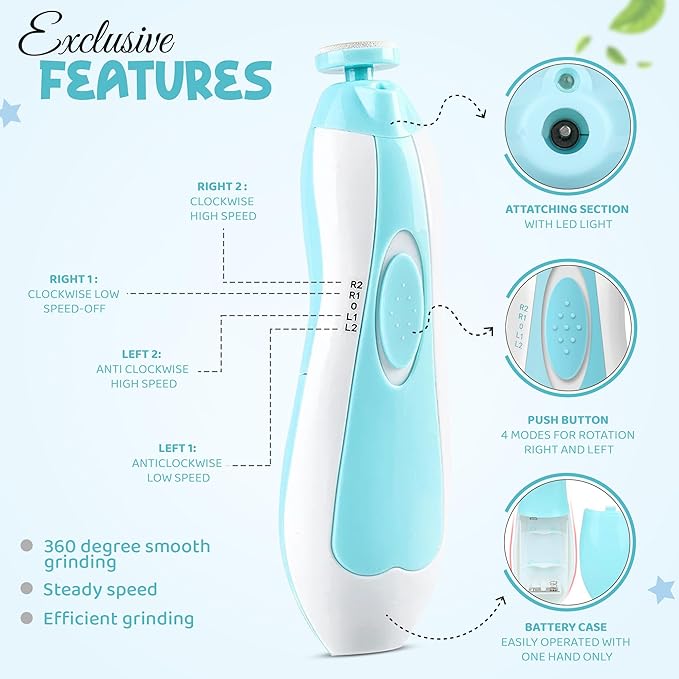 6 in 1 Baby Nail Clippers & File Kit - Nail Trimmer Electric with LED Light & 6 Replaceable Grinding Heads for Safe & Easy Finger & Toe Nail Care & Polish of Babies, Infants, Toddlers, Kids & Newborn