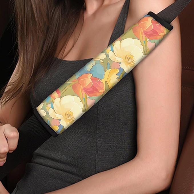 Watercolor Flower Pattern Set of 2 Pcs Car Seat Belt Pads Colorful Floral Painting Auto Seat Belt Cover Protects Shoulder Car, Truck, SUV, Backpack Strap Shoulder Pad