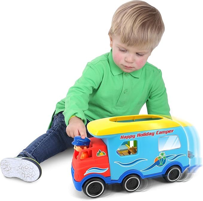 Kiddieland Happy Camper Motorized Toy RV with Lights & Sounds, Auto-Stop Action, Engine Revs & Horn, Interactive Buttons & Light-Up TV, for Toddlers Ages 1+