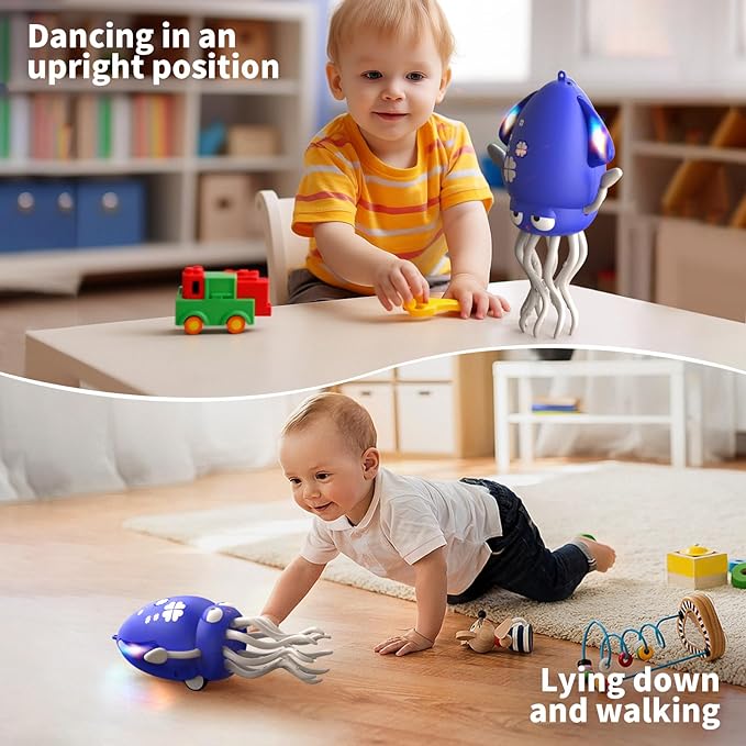 Interactive Dancing Octopus Toy,LED Light-Up Music Crawling Squid with Smart Obstacle Avoidance & Fishing Rod,Tummy Time Baby Toy (Blue)