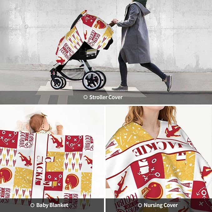 Personalized Baby Car Seat Canopy for Babies with Name, Custom Car Seat Covers for Boys Girls, Infant Opening Minky Nursing Breastfeeding Stroller Cover Carseat Canopies for Newborn (Football Theme)