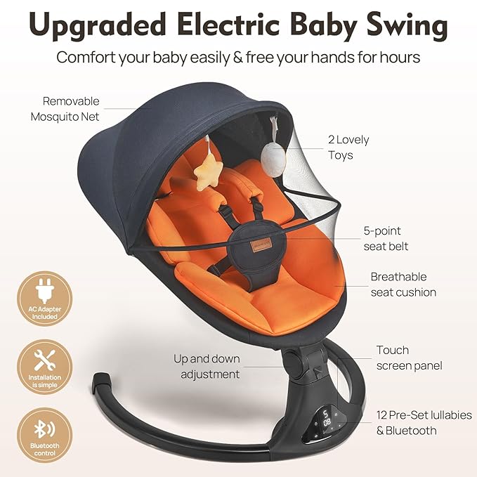 Baby Swings for Infants, Portable Baby Swing for Newborns with Bluetooth, Electric Infant Swing with 5 Speed Motions, 12 Soothing Melodies & Remote Control (Max 20 lbs, Orange)