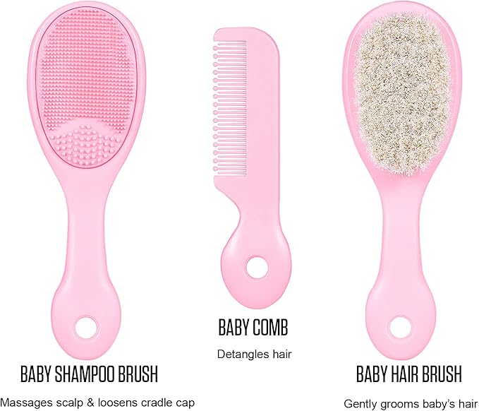 BRADYS HOUSE - 3 Piece Baby Hair Brush and Comb Set for Newborns and Toddlers (Pink)