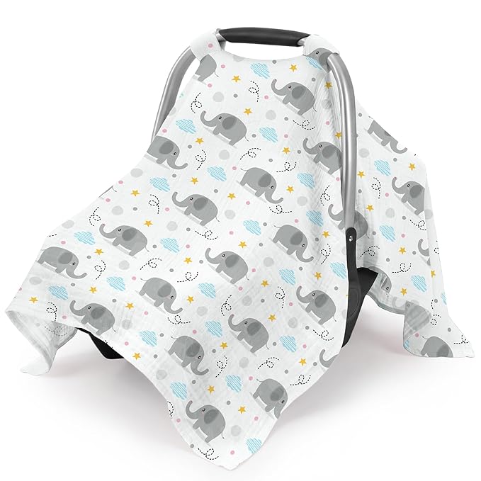 Car Seat Cover Baby, 100% Muslin Cotton Infant Car Seat Canopy, Universal Baby Car Seat Cover, Breathable Nursing Cover Canopy Shower Gift Gray Elephant