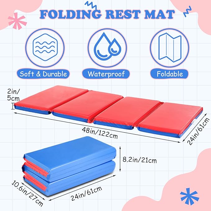 Marsui Folding Kids Nap Mats for Preschool Daycare 4 Section Folding Rest Mats Daycare Sleeping Mat for Kid 2 Inch Thick Portable Resting Floor Sleep Mat Baby Changing Pad for Kindergarten(Red,Blue)
