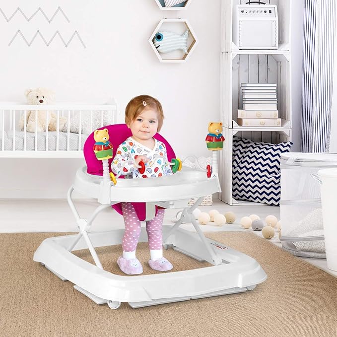 Baby Walker, Collapsible Baby Activity Walker with Walking Toys & 3-Levels Adjustable Height, Comfy High Back Seated Baby Walker with Wheels for Boys & Girls (Pink)