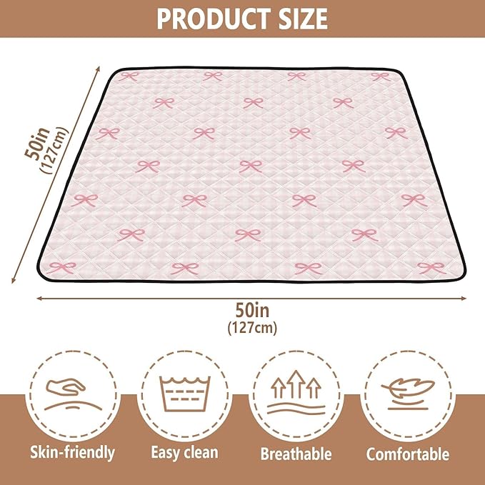 Baby Play Mat Pink Checkered and Bows 50 x 50 Playpen Mat Baby Play Mats for Floor Play Gym Crawling Mat Non-Slip Cushioned Baby Playmat for Infants, Babies, Toddlers