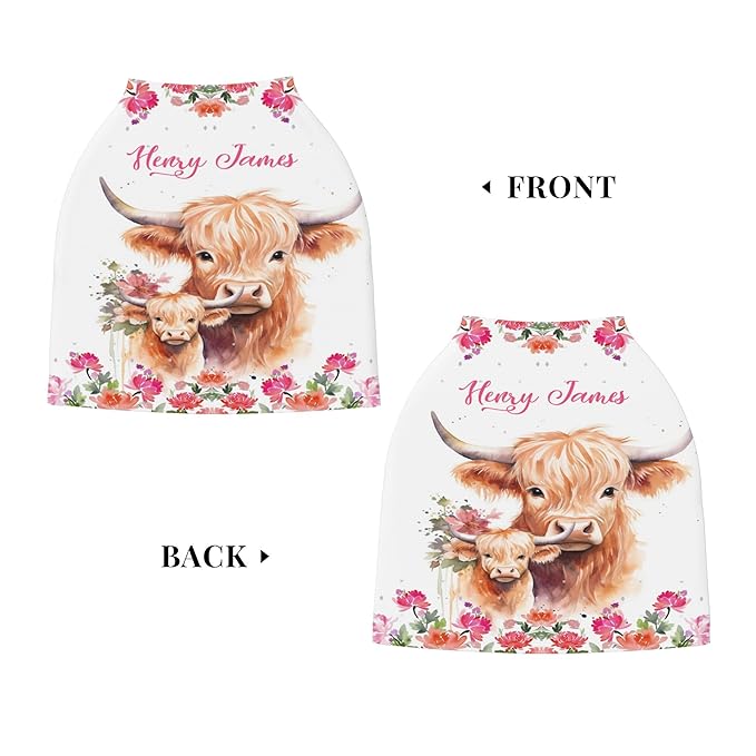 Personalized Car Seat Covers with Name, Highland Cow Baby Canopy Carrier Cover, Breathable Breastfeeding Nursing Cover, Stretchy Multi-Use Infant Carseat Stroller Cover