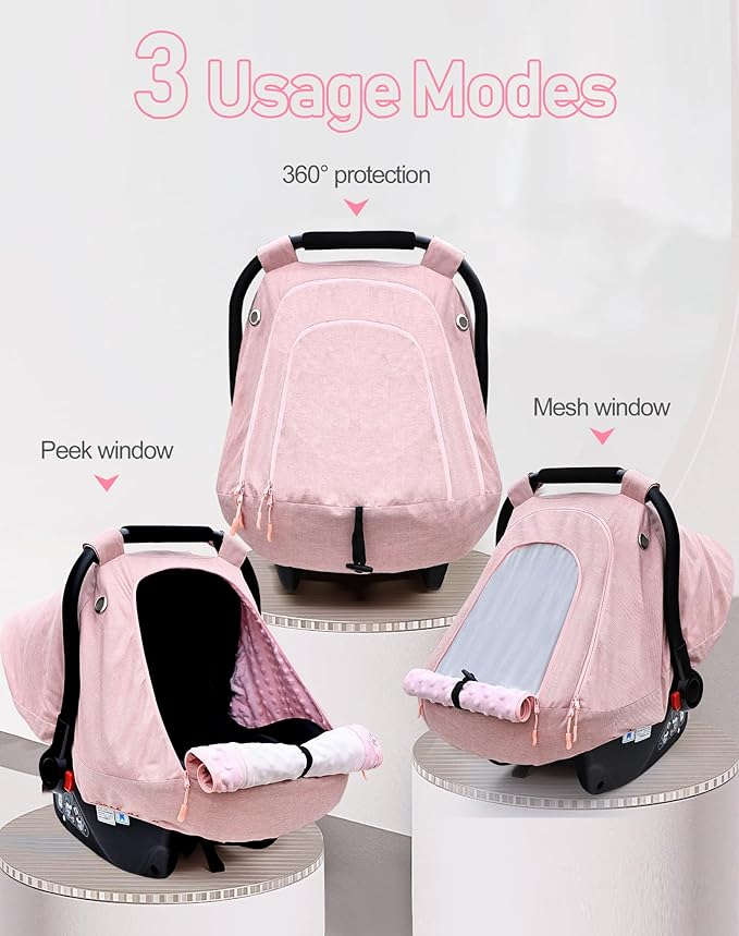 beatoutou Baby Car Seat Cover for Babies,Waterproof Baby Car Seat Cover for Girls,Infant Car Seat Cover Canopy for Girls,Windproof Car Seat Canopy for Girls, Keeps Babies Warm and Cozy (Pink)