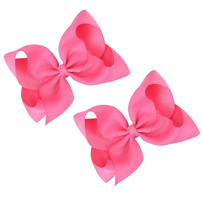 DEEKA 2 PCS 6" Big Hand-made Grosgrain Ribbon Solid Color Hair Bows Alligator Clips Hair Accessories for Little Teen Toddler Girls Kids Set of 2 -Hot Pink