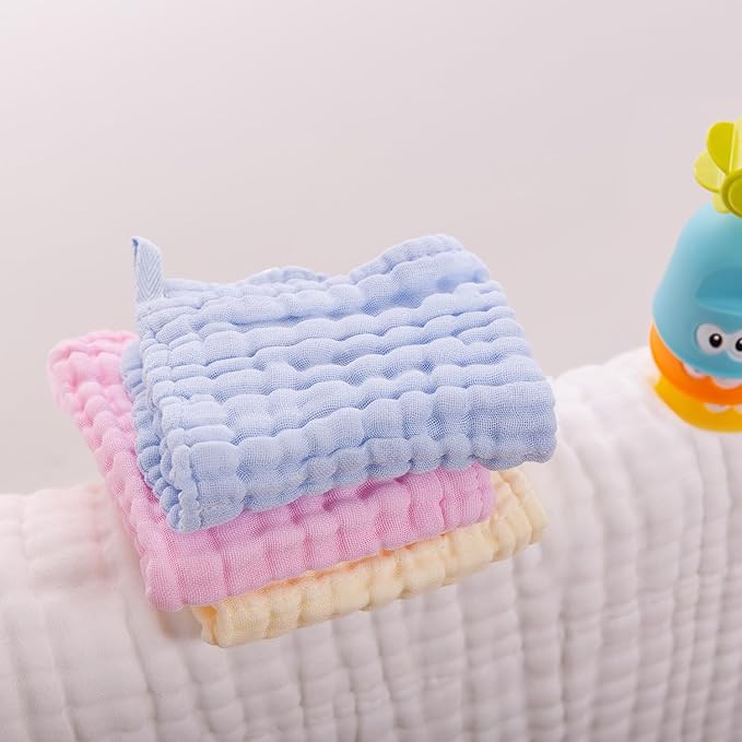 L'Ange Baby Washcloths and Burp Cloths Set - 3 Pack of 9 Layer 100% Cotton Muslin for Sensitive Skin - Super Absorbent - Medical Grade Packaging for Infants Newborns and Toddlers- 9x9 - Blue