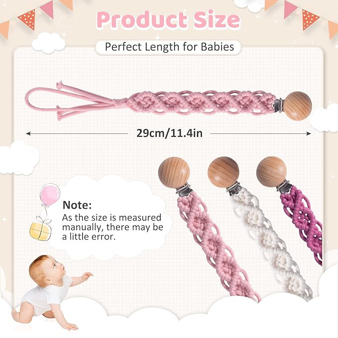 Boho Pacifier Clip for Boys Girls Pacifier Holder Leash Wooden Clips Handmade Braided Cotton Unisex Baby Shower Birthday Gift Christmas Gift