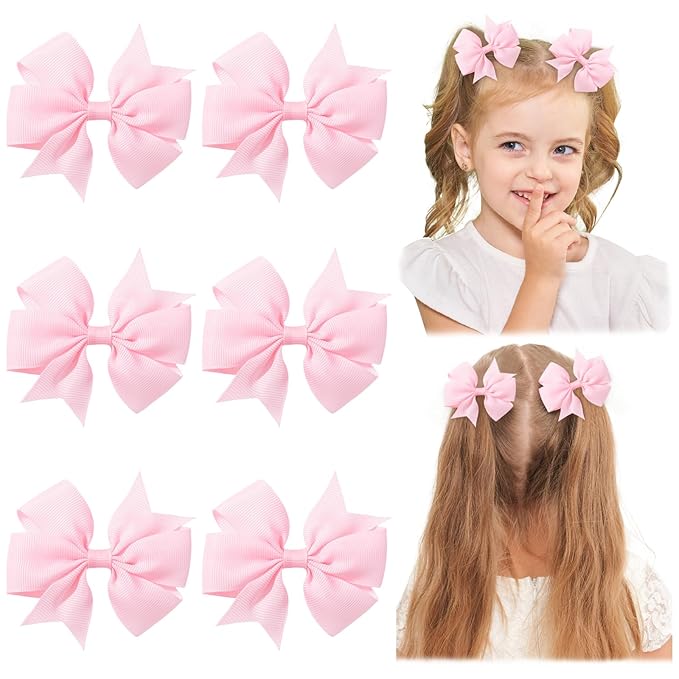 Choicbaby 3 Inches Hair Bows for Girls Pink Grosgrain Ribbon Pinwheel Hair Clips Toddler Bows Hair Clips for Birthday Baby Shower Gifts 6 Pack Photo Props