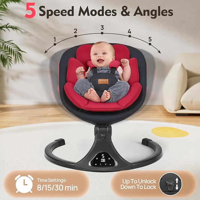Baby Swings for Infants, Portable Baby Swing for Newborns with Bluetooth, Electric Infant Swing with 5 Speed Motions, 12 Soothing Melodies & Remote Control (Max 20 lbs, Red)