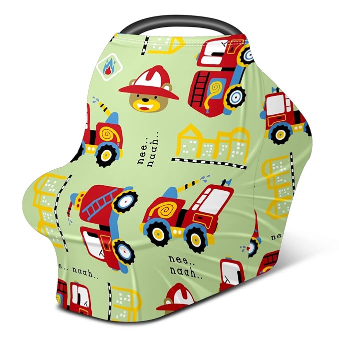 Baby Car Seat Stroller Covers Cartoon Fire Fighting Truck Nursing Cover Breastfeeding Scarf Soft Breathable Stretchy Coverage Carseat Canopy Cover for Boys and Girls Soft Breathable Multi Use