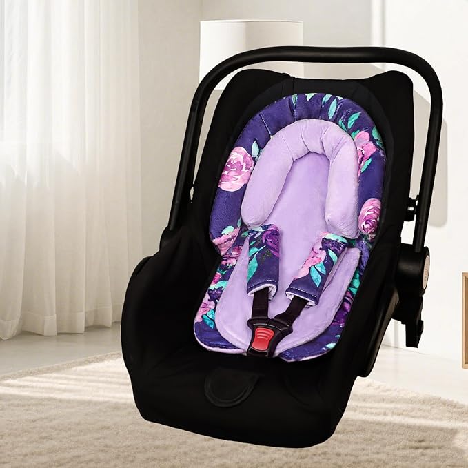 Baby Car Seat Head Support with Extra Headrest, 2-in-1 Babybody Supports with Shoulder Pads Set for Newborn, Adjustable Infant Car Seat Insert Compatible with Stroller, Baby Swing (Purple Flower)