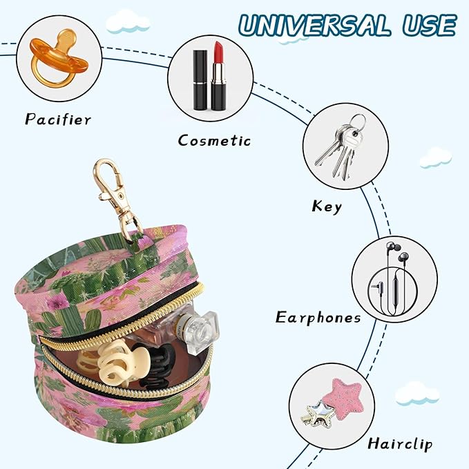 Pacifier Holder with Clip Pacifier Case for Diaper Bag Round Baby Pacifier Pouch Box Bag Portable Cacti Succulents and Bright Pink Flowers