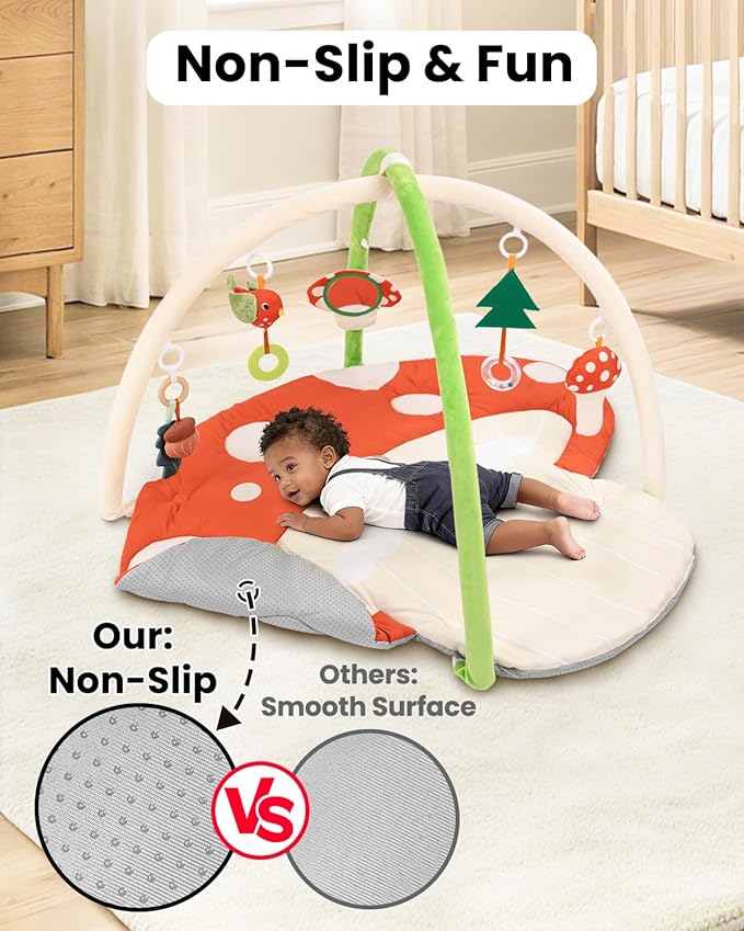 Upgrade Thickened Baby Play Gym, Extra Large Activity Mat, Machine Washable Playmat, Tummy Time Mat with Detachable Toys for Motor Skills, Non-Slip Bottom, Mushroom