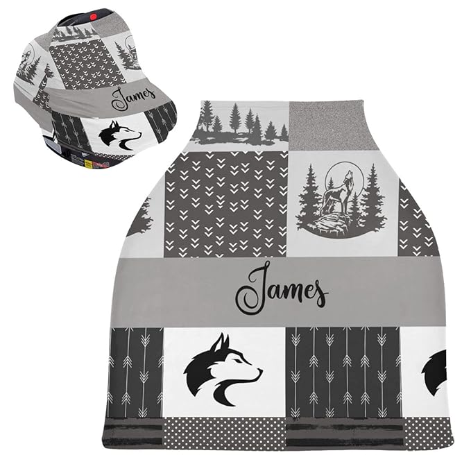 Personalized Car Seat Covers for Baby, Customized Infant Carseat Cover Canopy for Boys, Breathable Nursing Cover Breastfeeding Scarf, Soft Infant Stroller Canopy, Woodland Wolf
