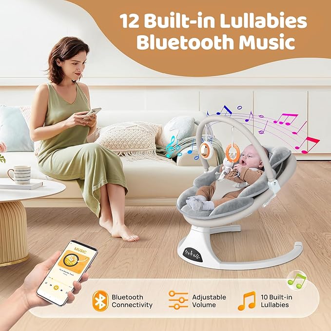 Electric Baby Swing with Remote Control - 5 Natural Motion Speeds, Detachable Seat Pad | Portable Infant Swing for Indoor/Outdoor Use (0-6M, 20lbs) (Gray)