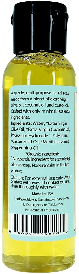Claya Peppermint Liquid Castile Soap – Organic Ingredients, Biodegradable, Gentle for Sensitive Skin, Versatile Use and Travel Size (2 Pack of 2 fl oz)