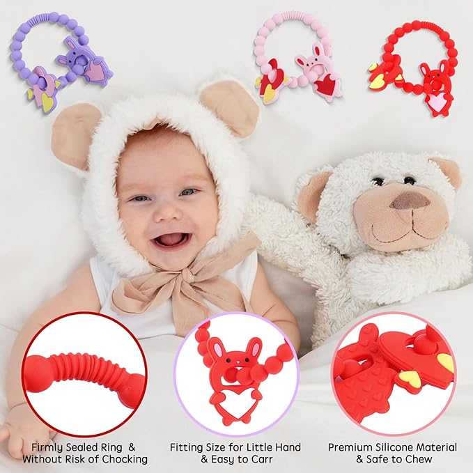 Valentine Teething Toys, Silicone Baby teethers 0-6 Months Easy for Little Hands to Hold, Cupid and Heart Rabbit for Valentine's Day Baby Teething Toys (Valentine Purple)