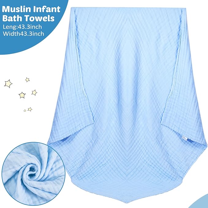 Chumia 6 Pack Baby Muslin Bath Towels Set – Large 43.3x43.3 Inch 6 Layers Soft Cotton Breathable Quick Dry Swaddle Blankets for Newborns, Infants, Toddlers (Multicolor)
