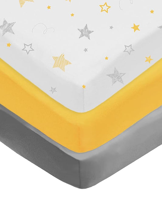 American Baby Company 3 Pack 100% Natural Cotton Fitted Pack and Play Sheets 39" x 27" - Soft & Breathable Pack N Play Sheets for Playard & Mini Crib Mattress, Yellow Star/Yellow/Gray, for Boy & Girl